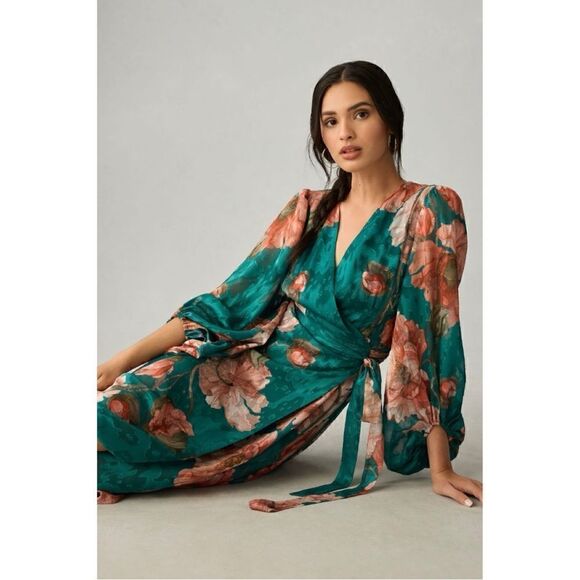 NEW Anthropologie Hutch V-Neck Floral Textured Puff Wrap Maxi Dress XX-Small - Picture 1 of 4